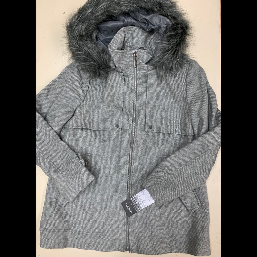 Women's Kensie Faux-Fur Hooded Tweed Jacket GRAY - Picture 4 of 4